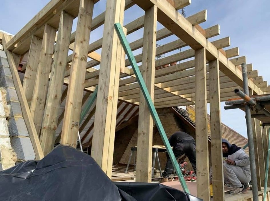 Timber roof structure during construction